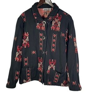 Vintage Chico's‎ Design Large Black Red Embroidered Jacket India Cotton Rayon